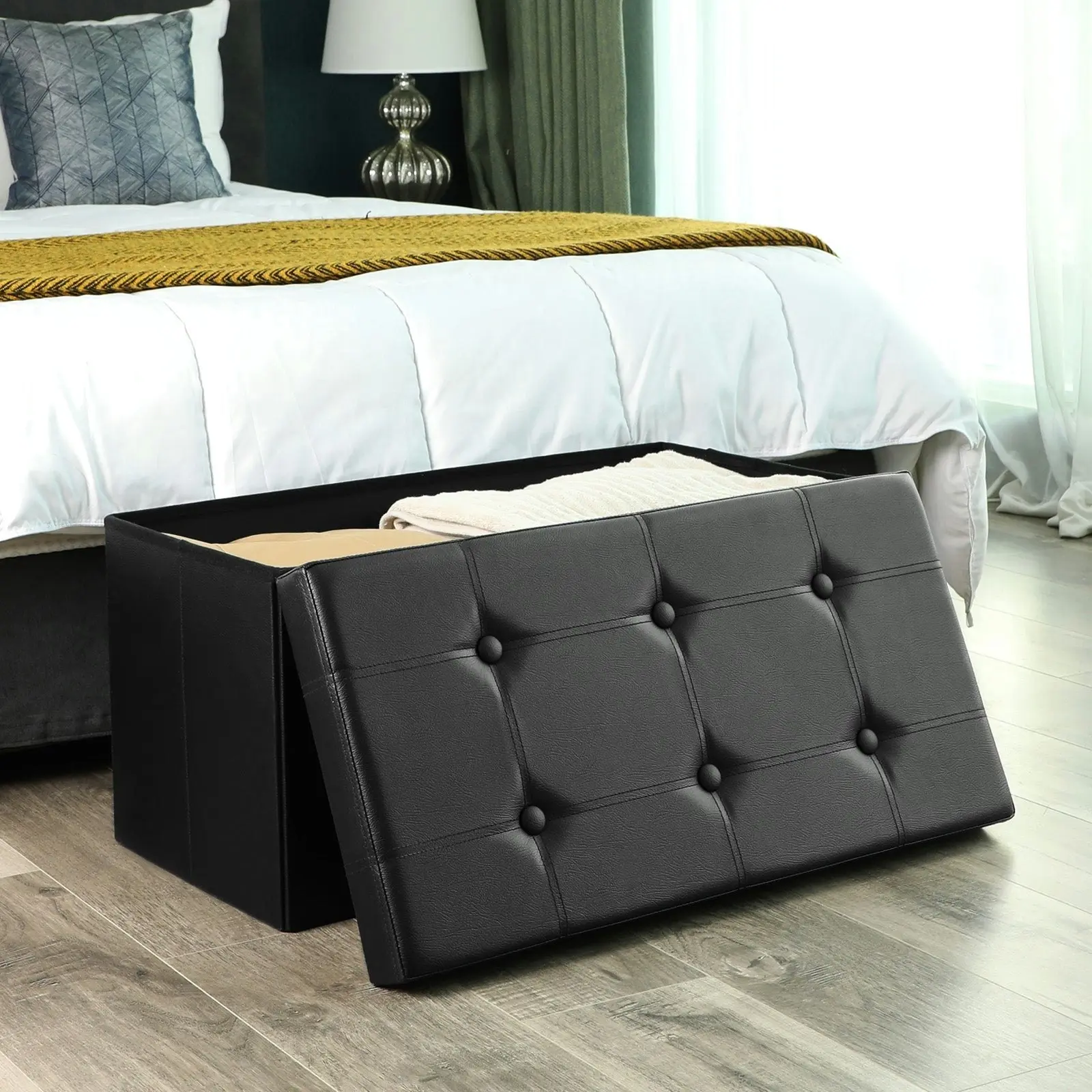 SONGMICS 76cm Max Load 300KG Storage Ottoman Bench - Black - For Storing Shoes, a Chest for Blankets, Bedding, Sheets, an Ottoman, a Footstool, a Bedside Table