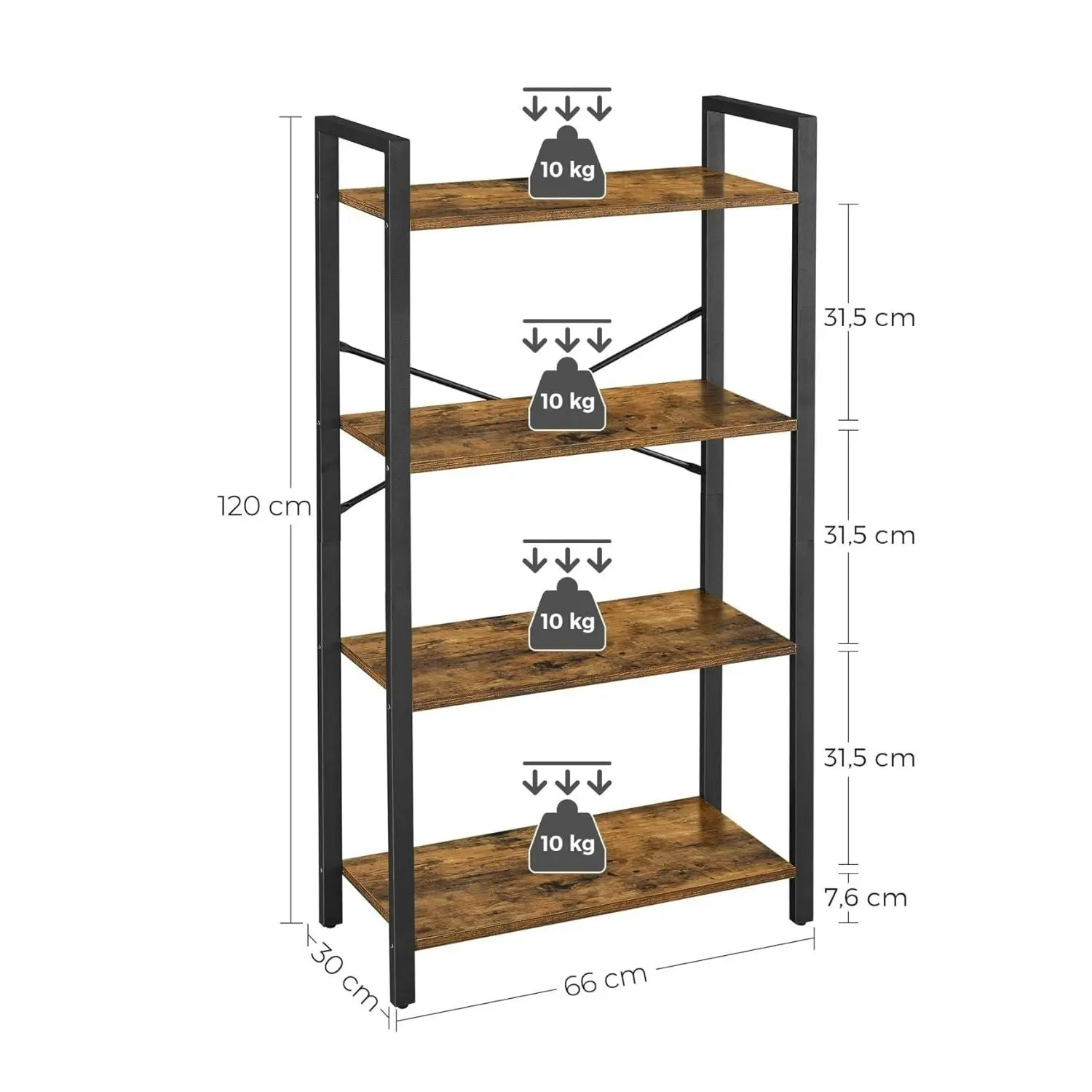 VASAGLE 4 Tier Display Shelf Bookcase Storage Stand Rack Shelves Bookshelf - Rustic Brown