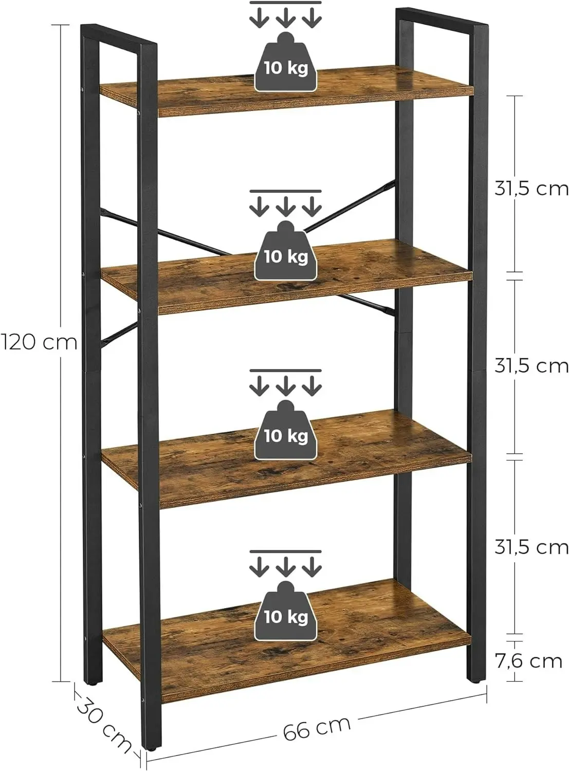 VASAGLE 4 Tier Display Shelf Bookcase Storage Stand Rack Shelves Bookshelf - Rustic Brown