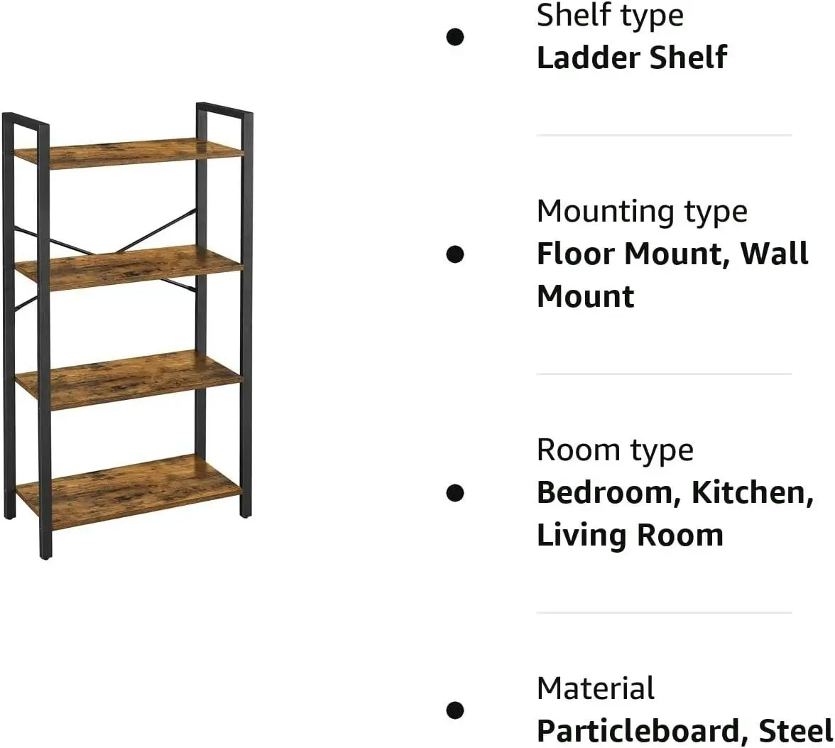 VASAGLE 4 Tier Display Shelf Bookcase Storage Stand Rack Shelves Bookshelf - Rustic Brown