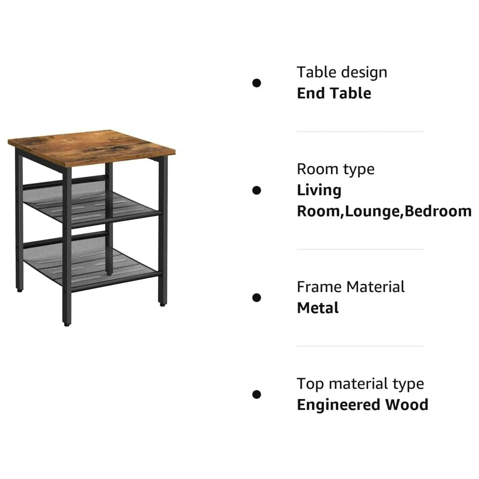 VASAGLE Durable Easy Assembly Side Table Nightstand End Table With 2 Adjustable Mesh Shelves Rustic Brown And Black