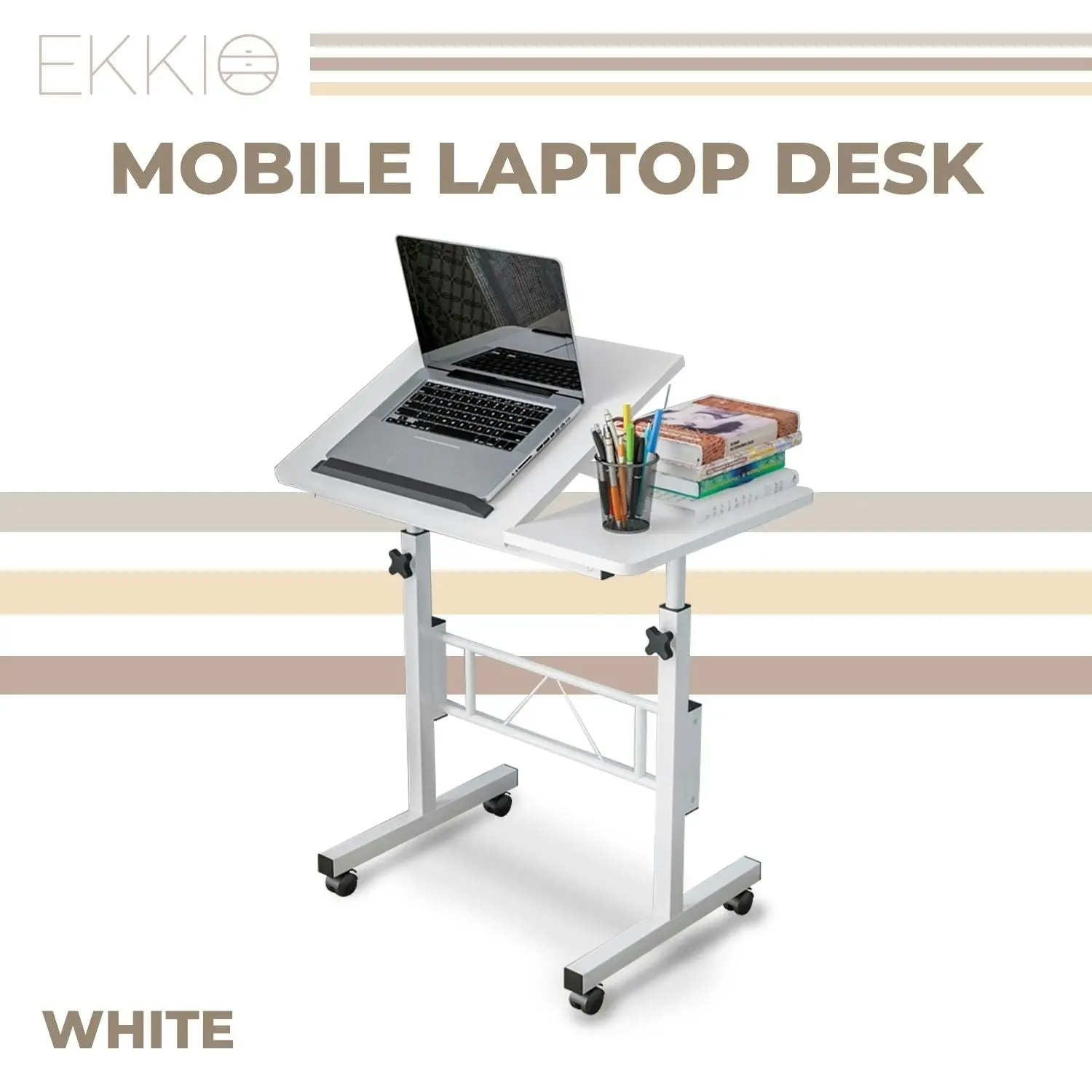 Ekkio Mobile Laptop Bedside Table Height Adjustable Stand Up Computer Bed Desk - White