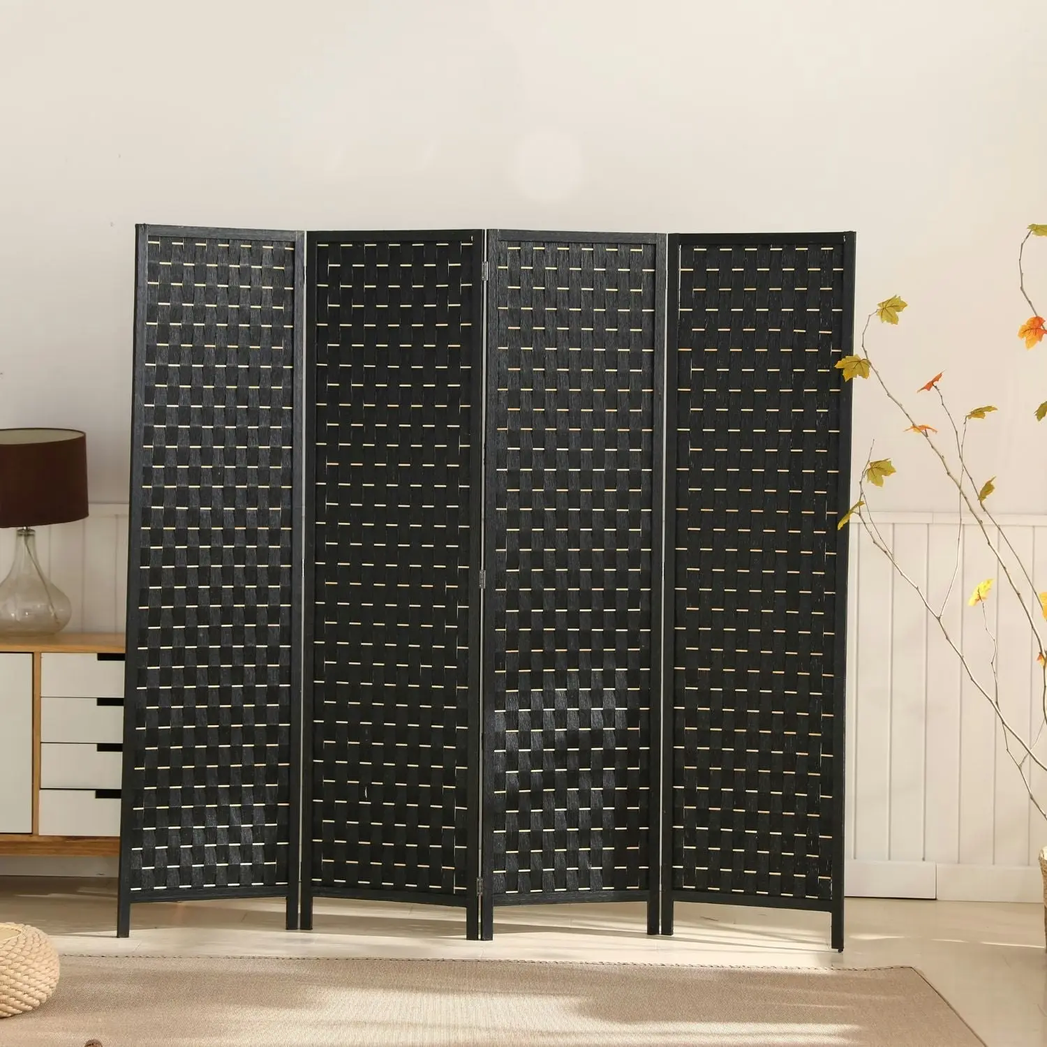 Ekkio 4-Panel Pine Wood Frame Room Divider Foldable Black