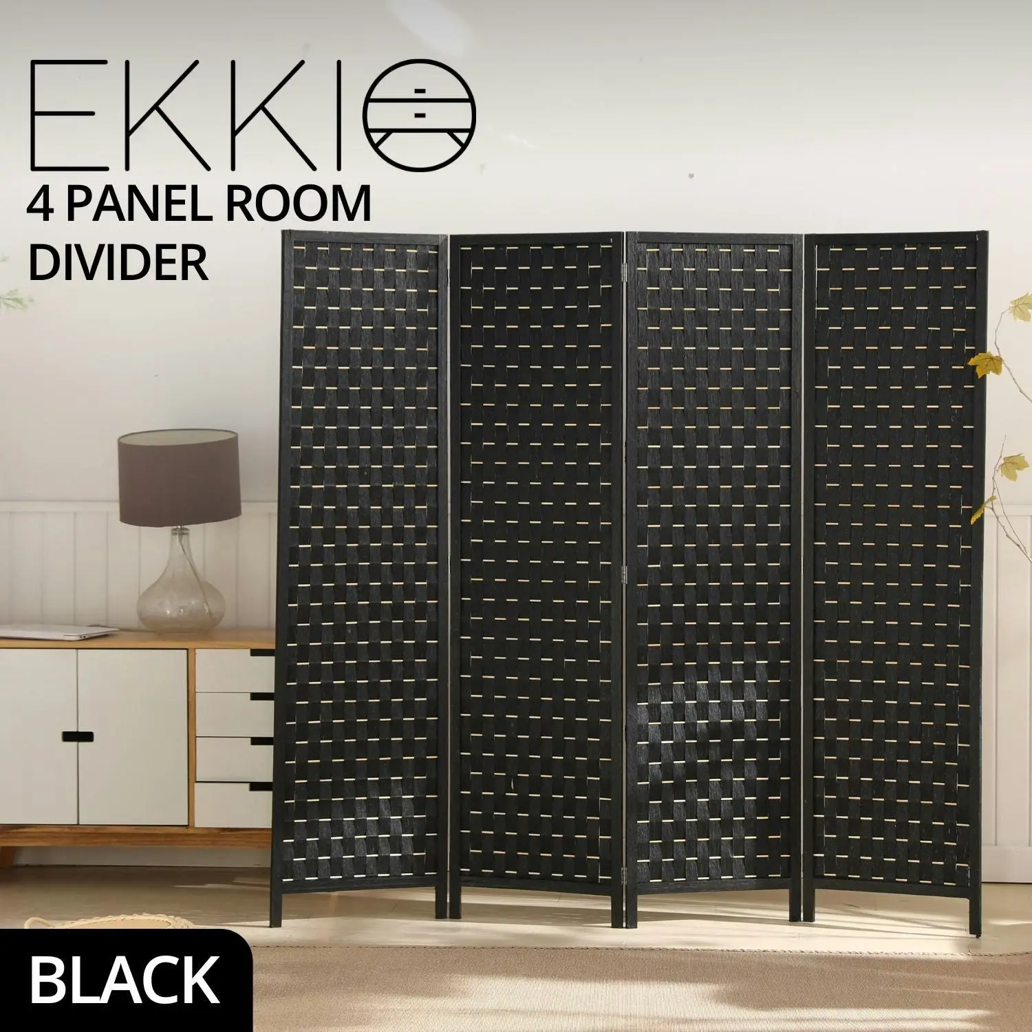 Ekkio 4-Panel Pine Wood Frame Room Divider Foldable Black