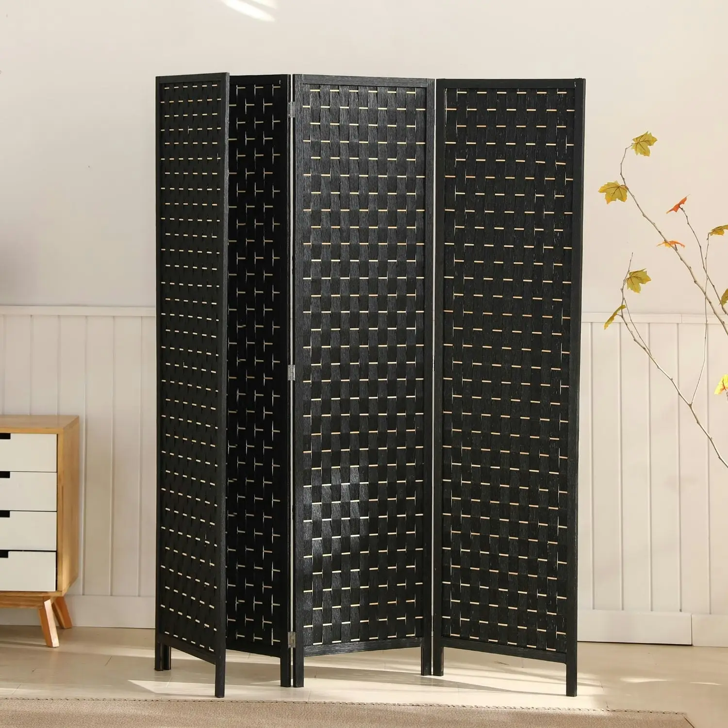 Ekkio 4-Panel Pine Wood Frame Room Divider Foldable Black