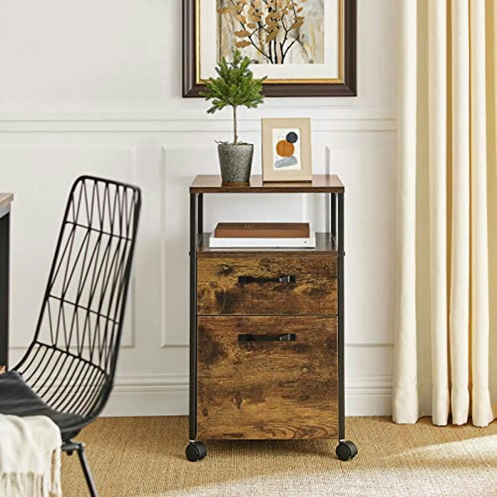 VASAGLE Rustic Brown and Black File Cabinet with 2 Drawers, Wheels and Open Compartment