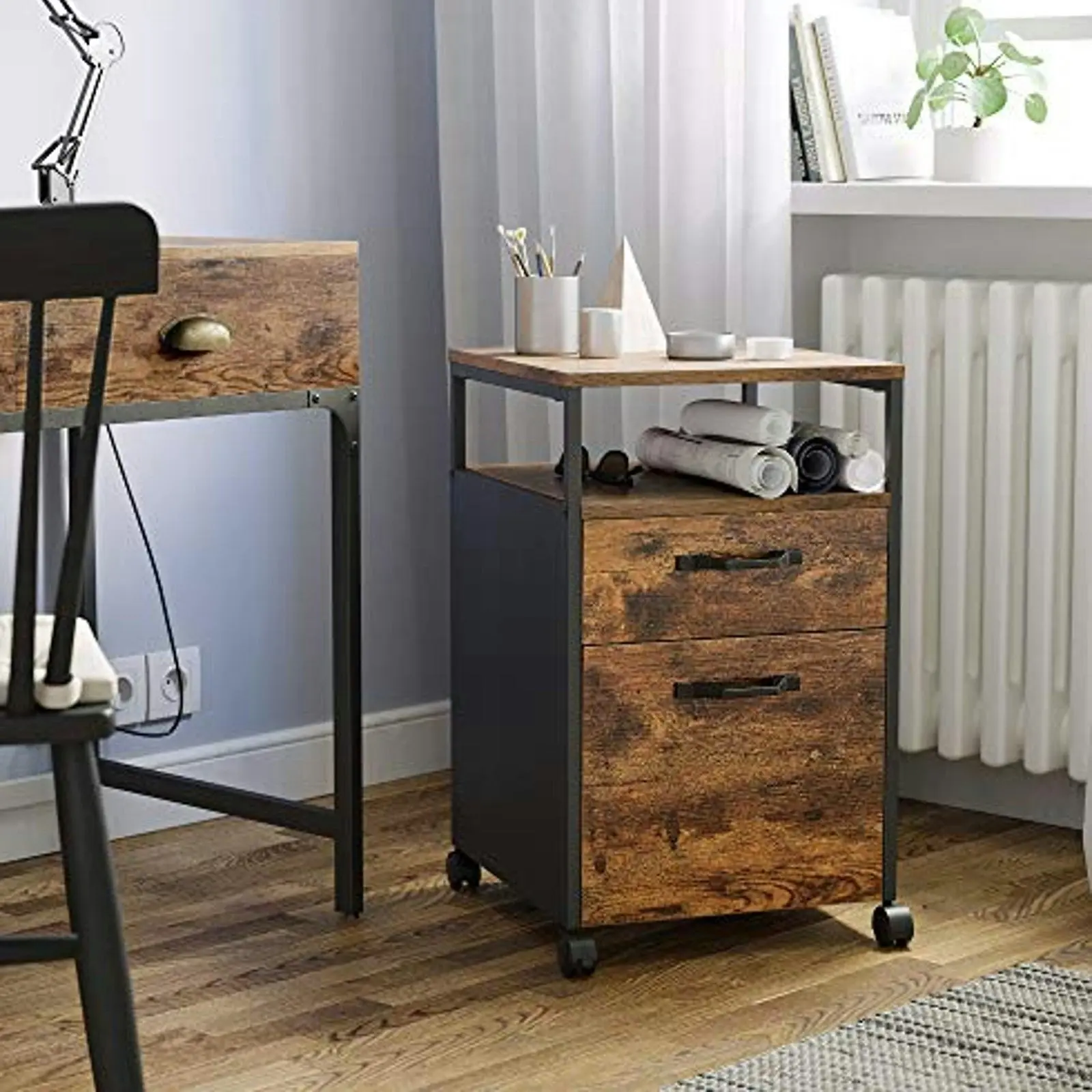 VASAGLE Rustic Brown and Black File Cabinet with 2 Drawers, Wheels and Open Compartment