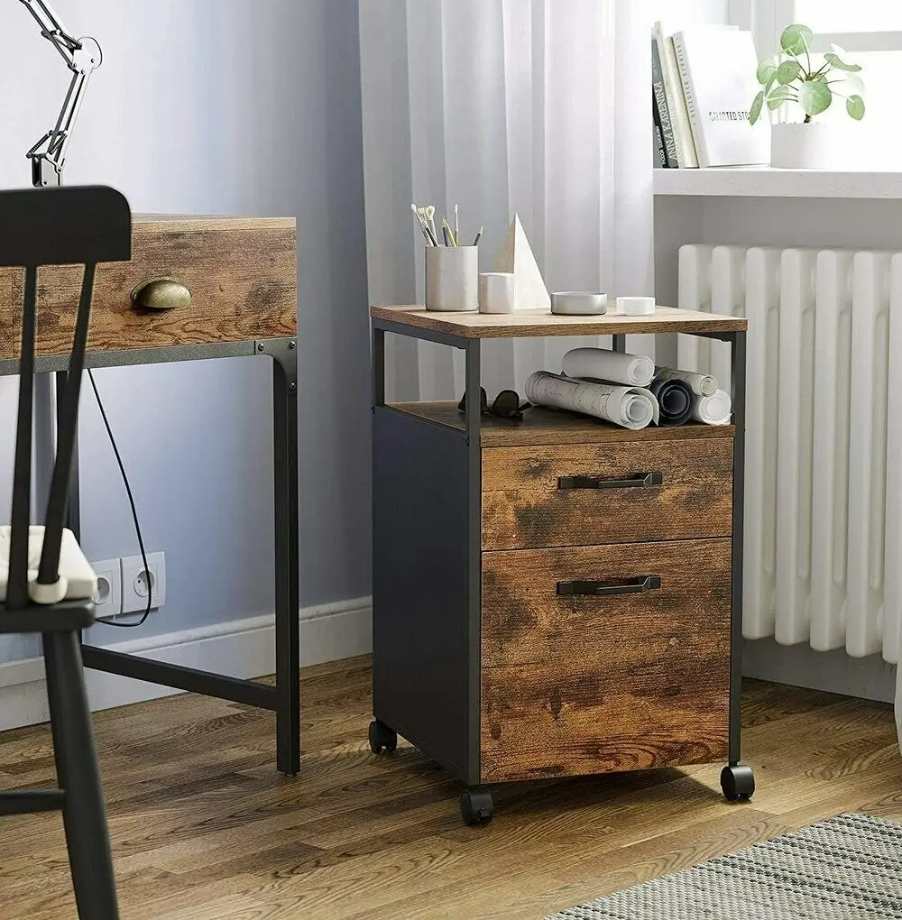 VASAGLE Rustic Brown and Black File Cabinet with 2 Drawers, Wheels and Open Compartment