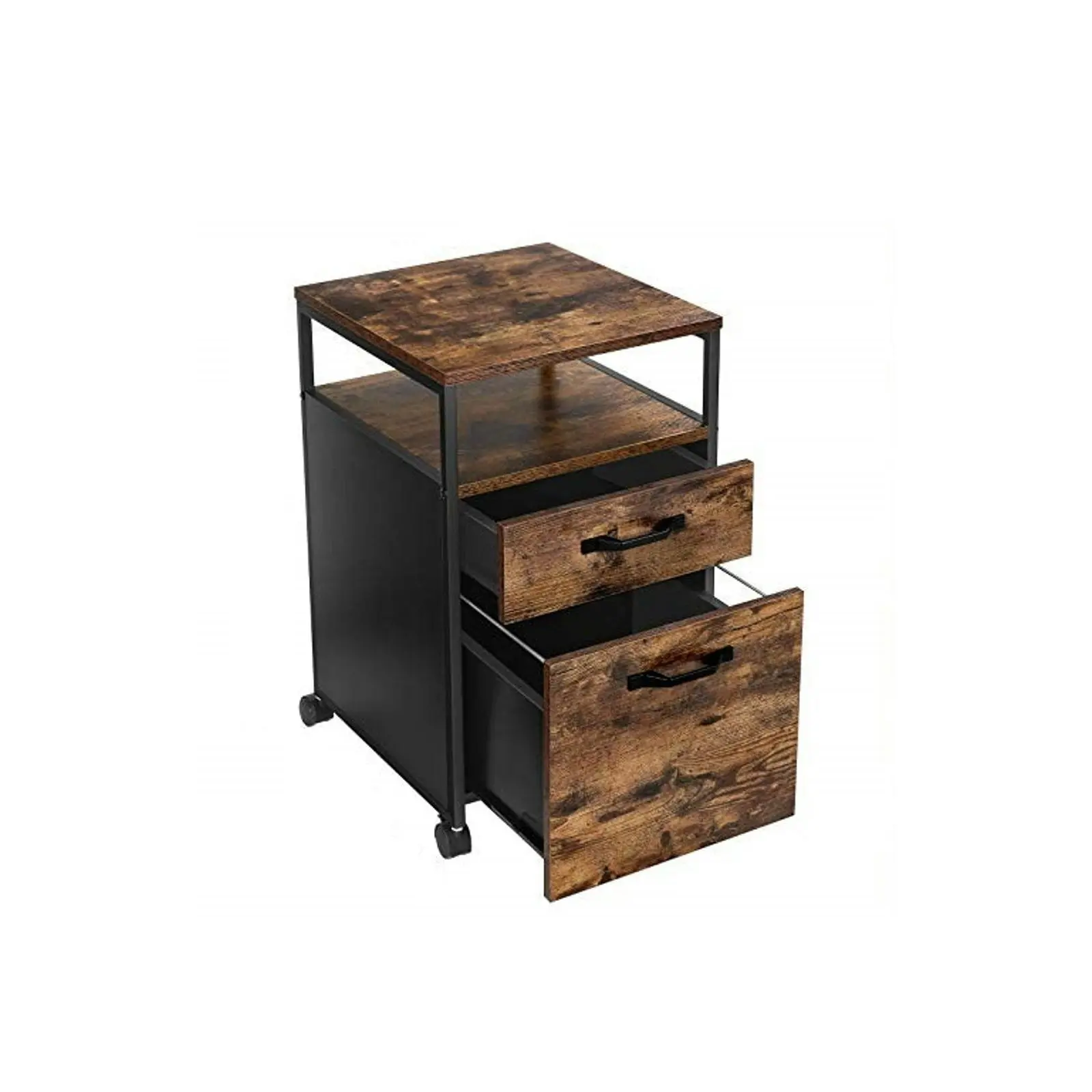 VASAGLE Rustic Brown and Black File Cabinet with 2 Drawers, Wheels and Open Compartment