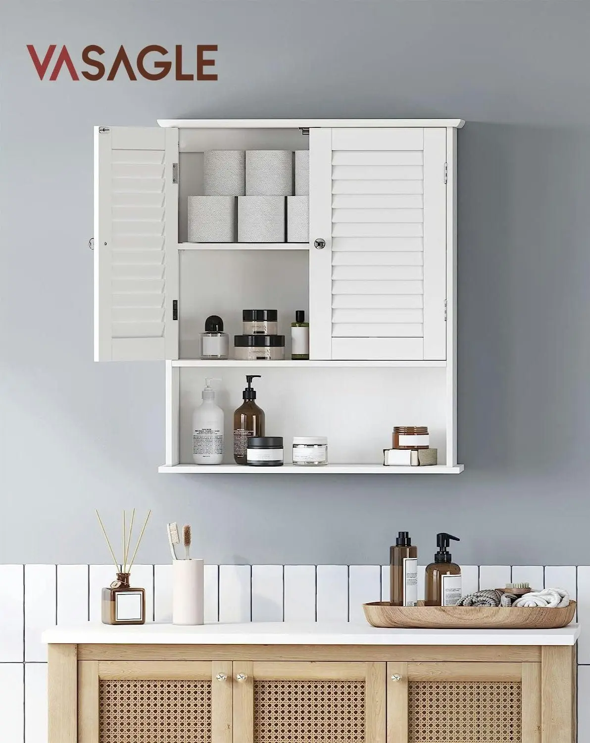 VASAGLE Wall Mounted Storage Cupboard Organiser for Bathroom Kitchen Wall Cabinet - White