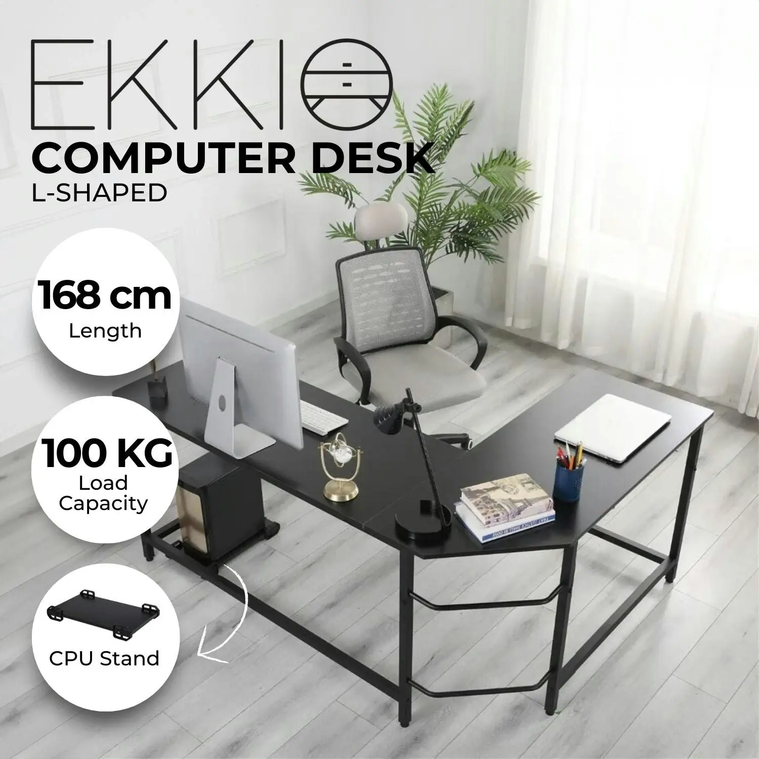 Ekkio Home Office Workstation L Shaped Corner Desk Computer Table with CPU Stand - Black