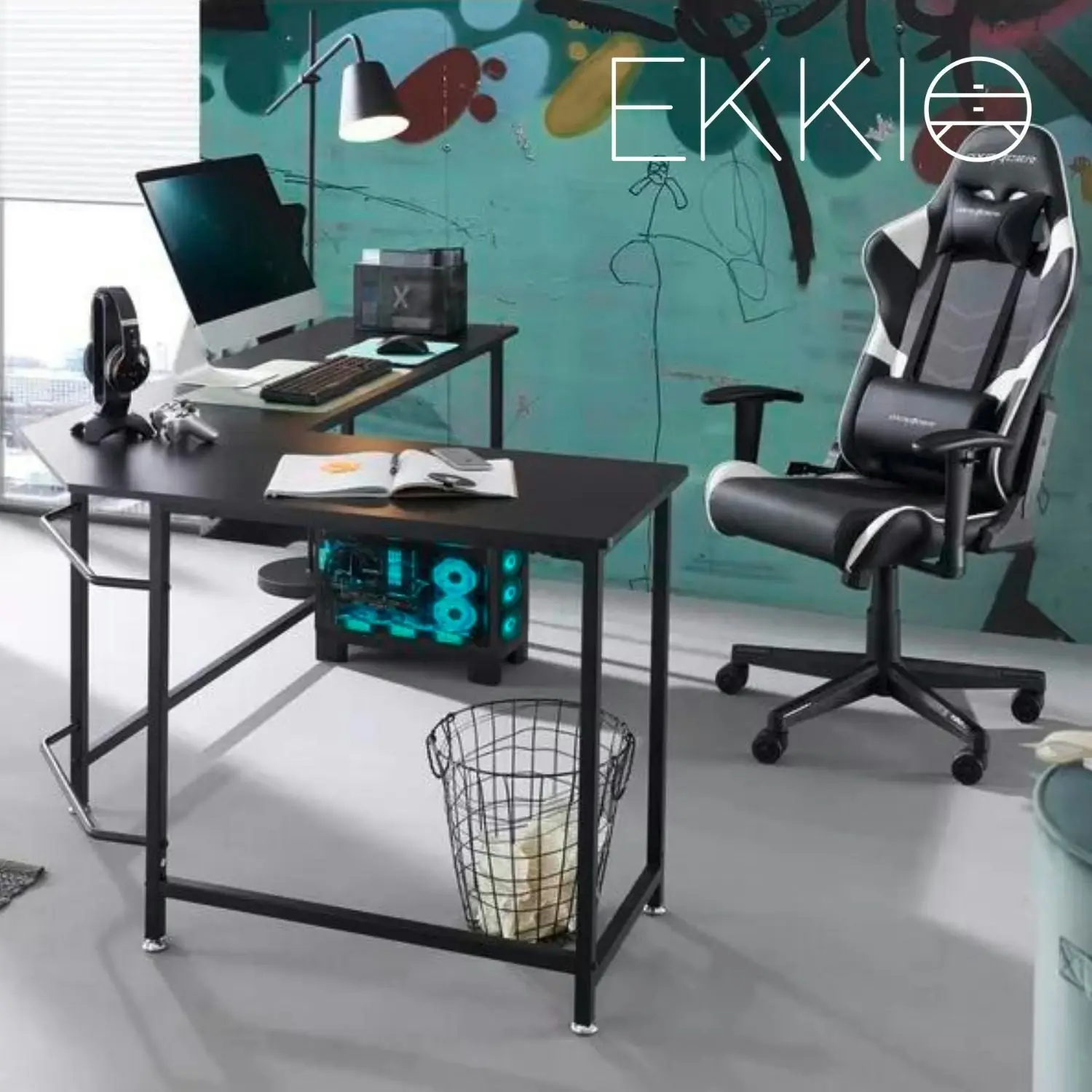 Ekkio Home Office Workstation L Shaped Corner Desk Computer Table with CPU Stand - Black