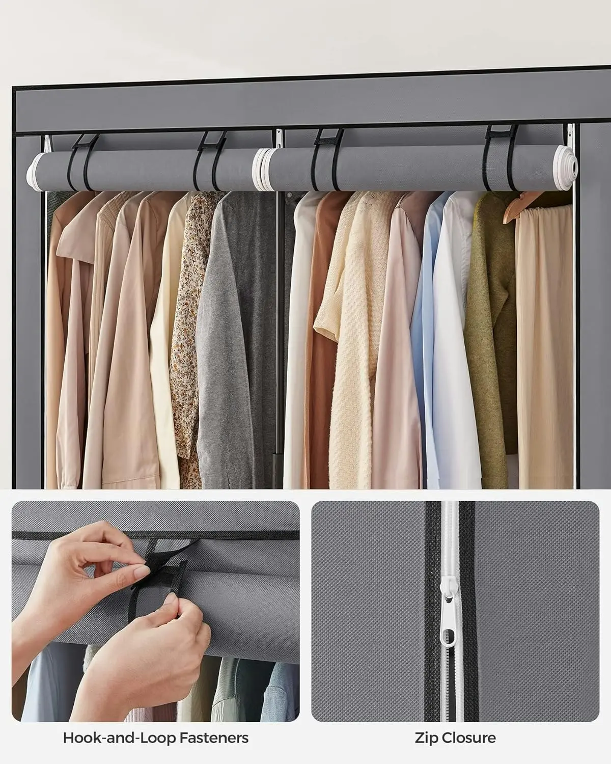 SONGMICS Portable Closet Clothes Wardrobe with Two Adjustable Shelves Grey