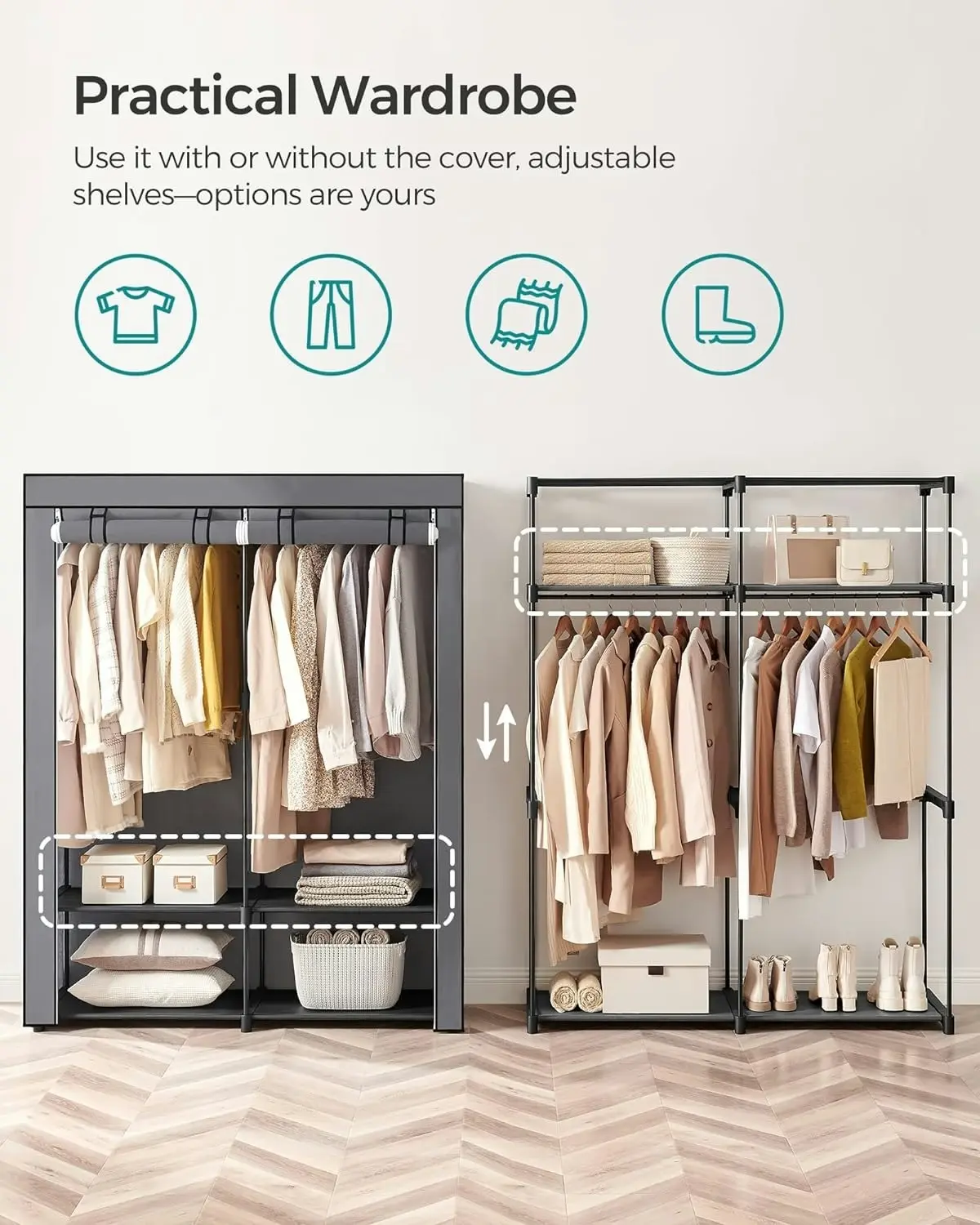 SONGMICS Portable Closet Clothes Wardrobe with Two Adjustable Shelves Grey