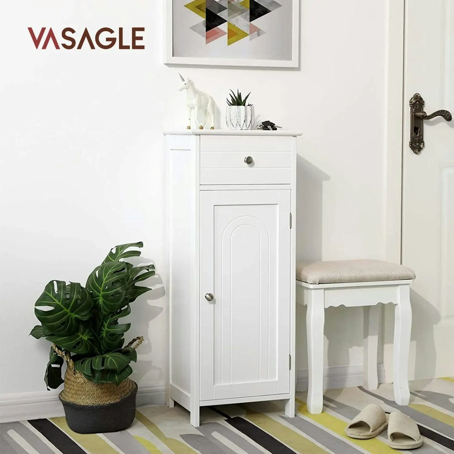 VASAGLE Bathroom Living Room Storage with Drawer Tall Floor Cabinet - White