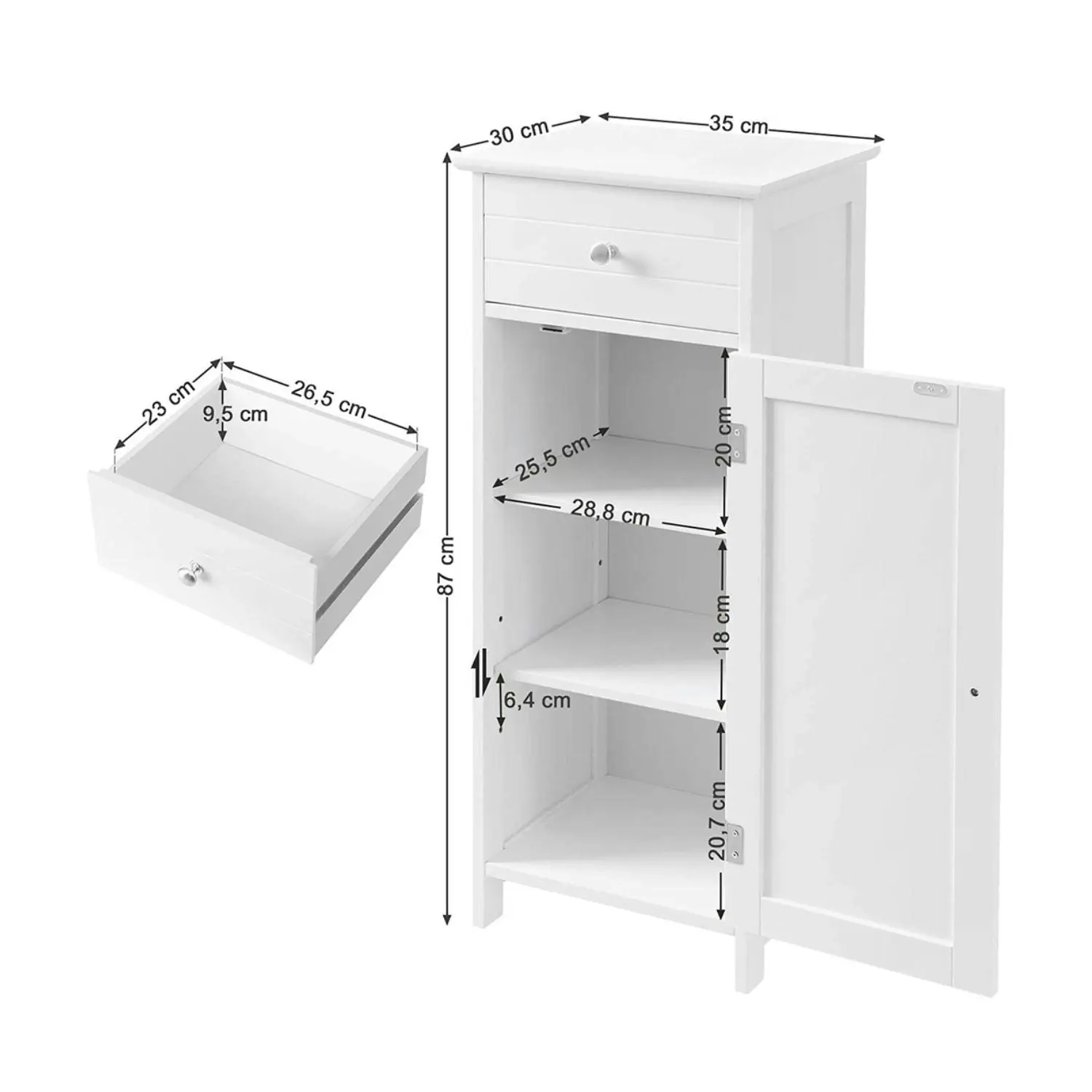 VASAGLE Bathroom Living Room Storage with Drawer Tall Floor Cabinet - White