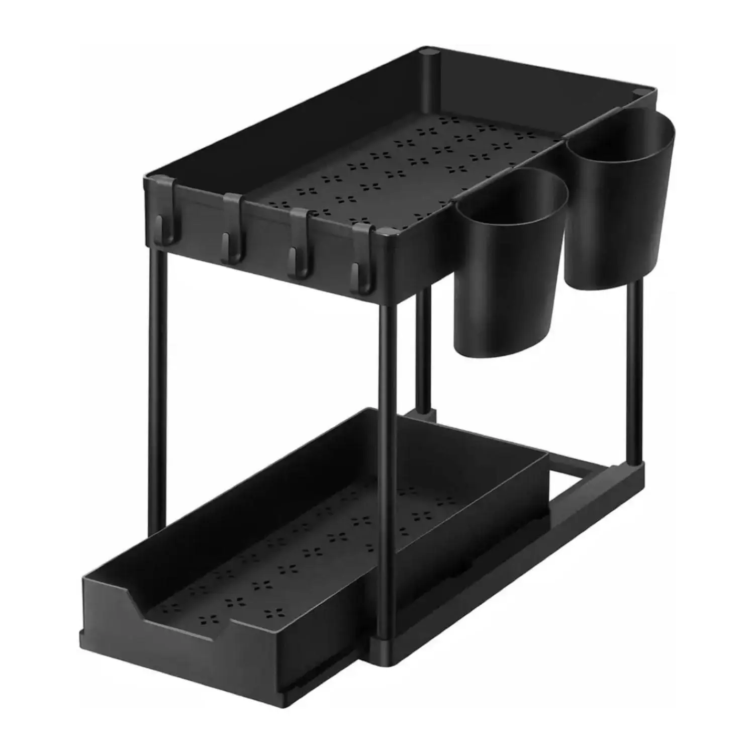 2x Gominimo Kitchen Storage 8 Hanging Hooks 2 Cup Holders 2-Tier Under Sink Organizer Shelf - Black