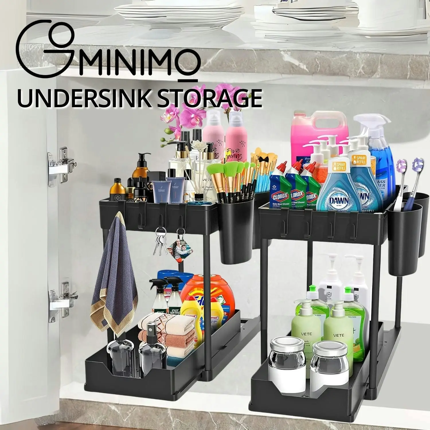 2x Gominimo Kitchen Storage 8 Hanging Hooks 2 Cup Holders 2-Tier Under Sink Organizer Shelf - Black