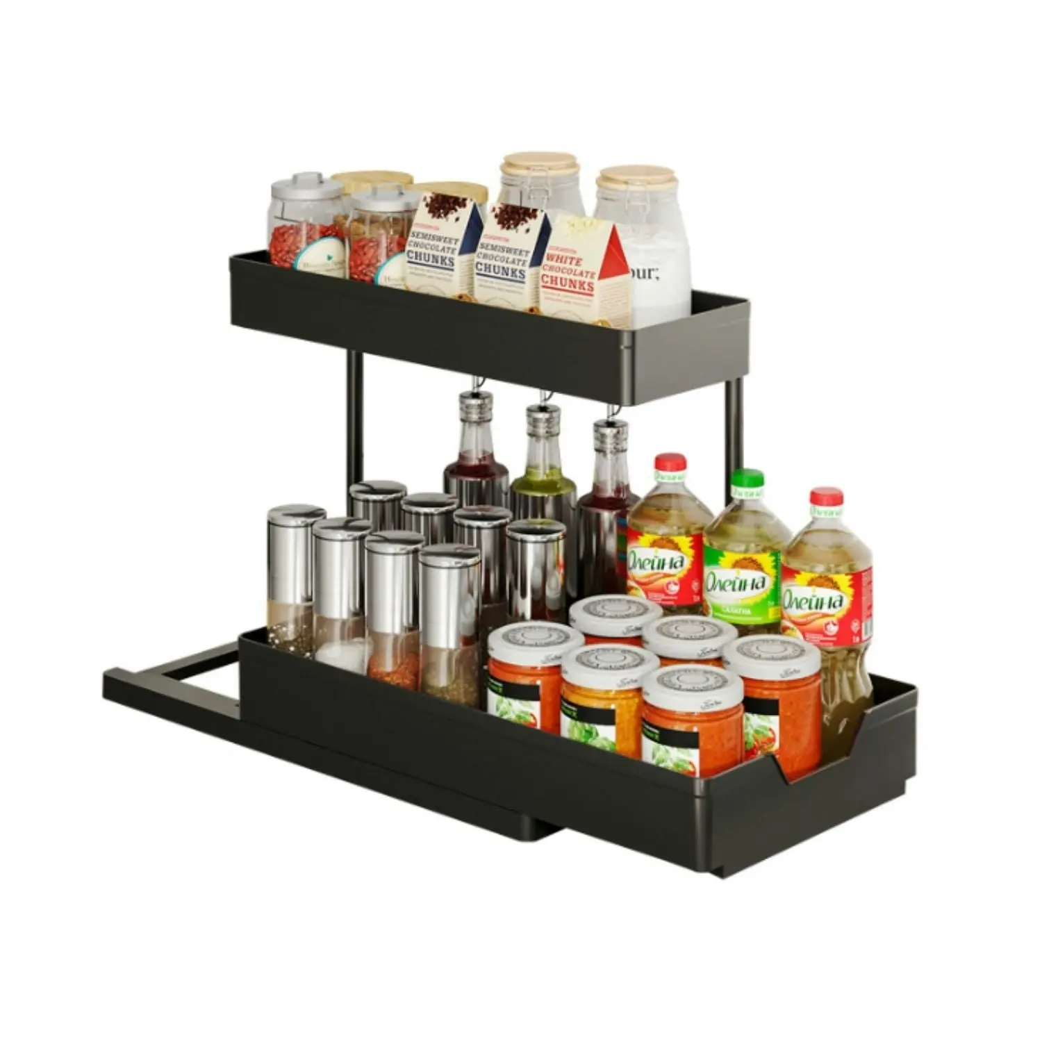 2x Gominimo Kitchen Storage 8 Hanging Hooks 2 Cup Holders 2-Tier Under Sink Organizer Shelf - Black