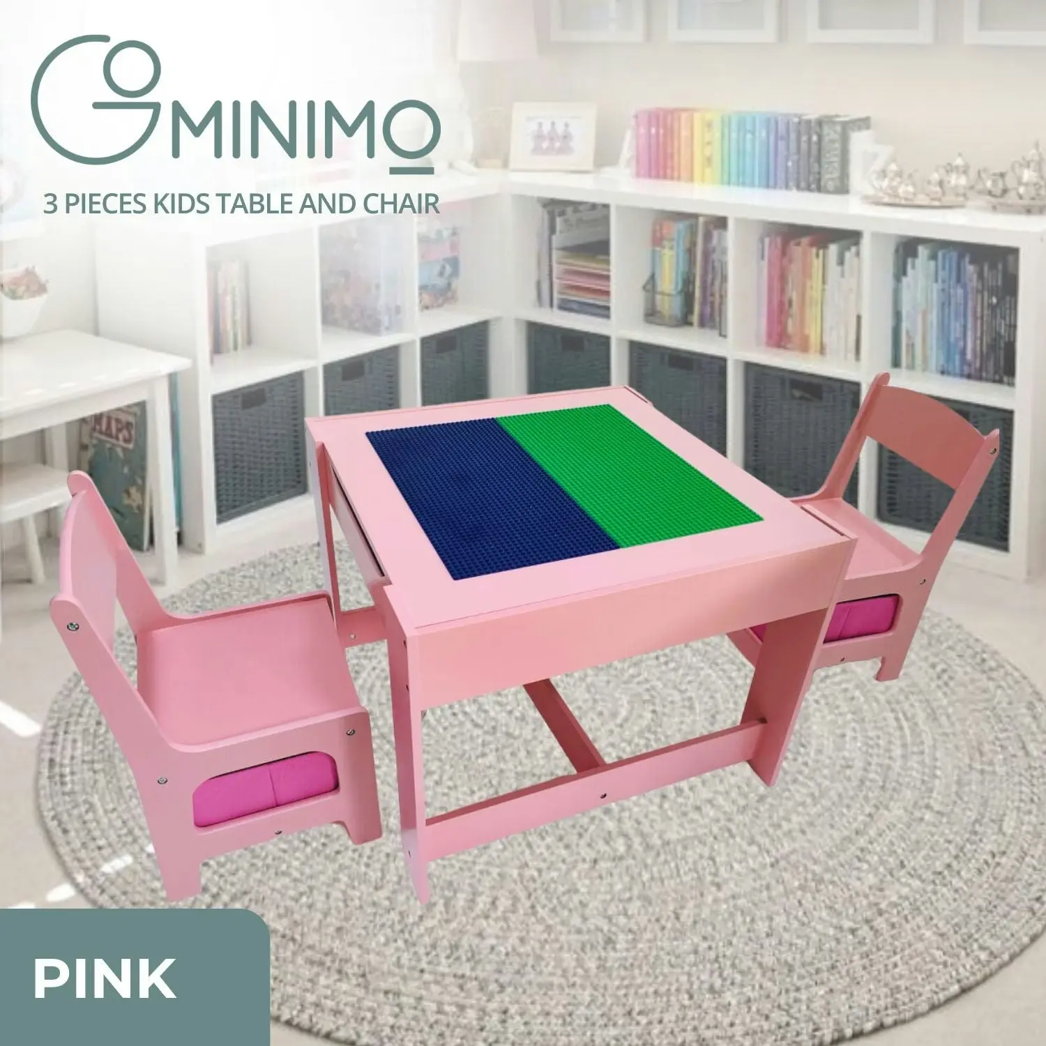 Ekkio 3PCS Kids Table with Lego Baseplate and Chairs Set Pink EK-KTCS-105-RHH