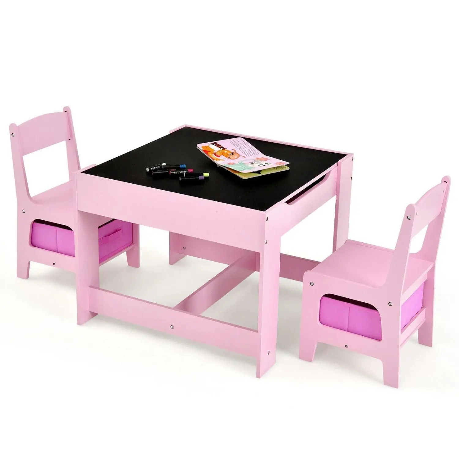 Ekkio 3PCS Kids Table with Lego Baseplate and Chairs Set Pink EK-KTCS-105-RHH