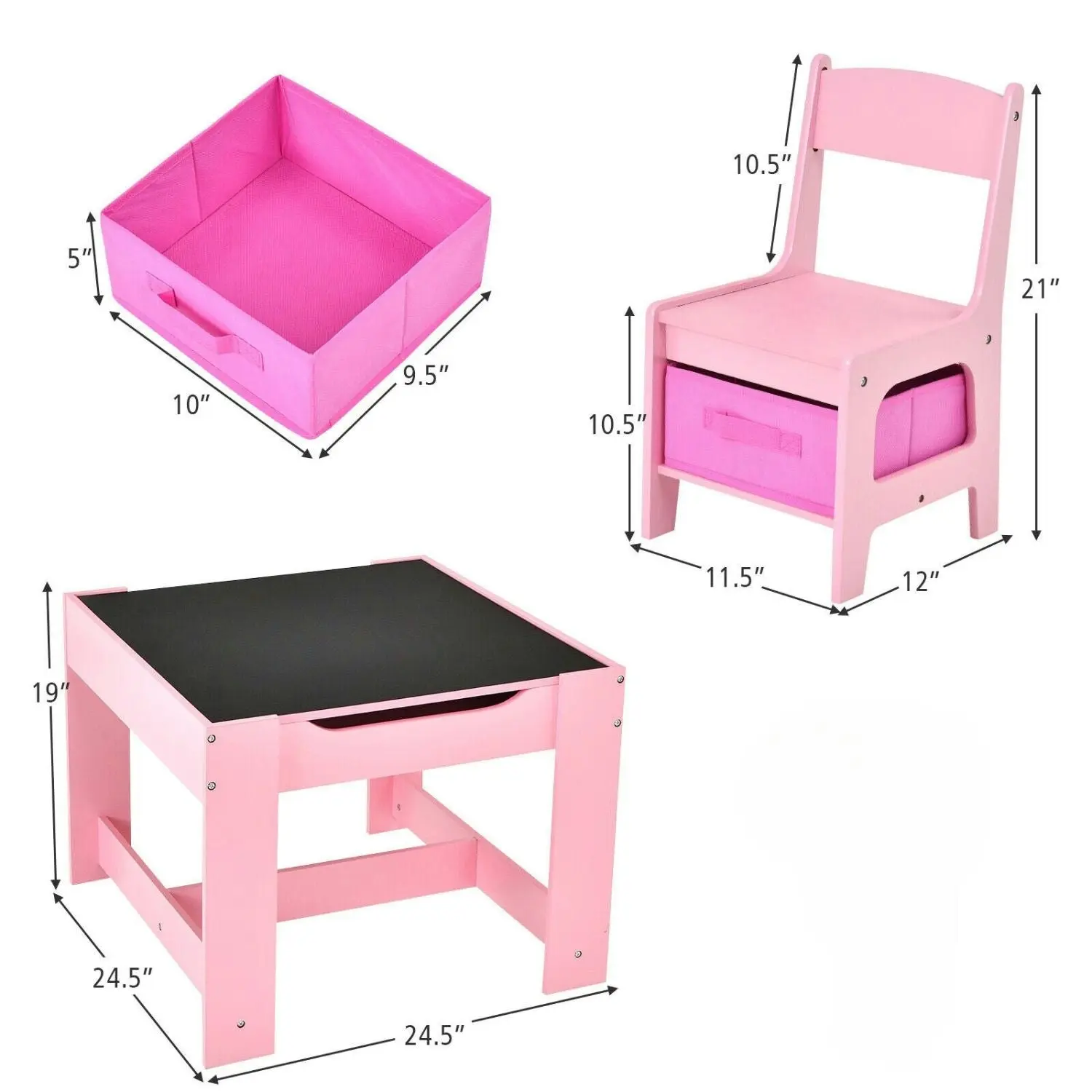 Ekkio 3PCS Kids Table with Lego Baseplate and Chairs Set Pink EK-KTCS-105-RHH