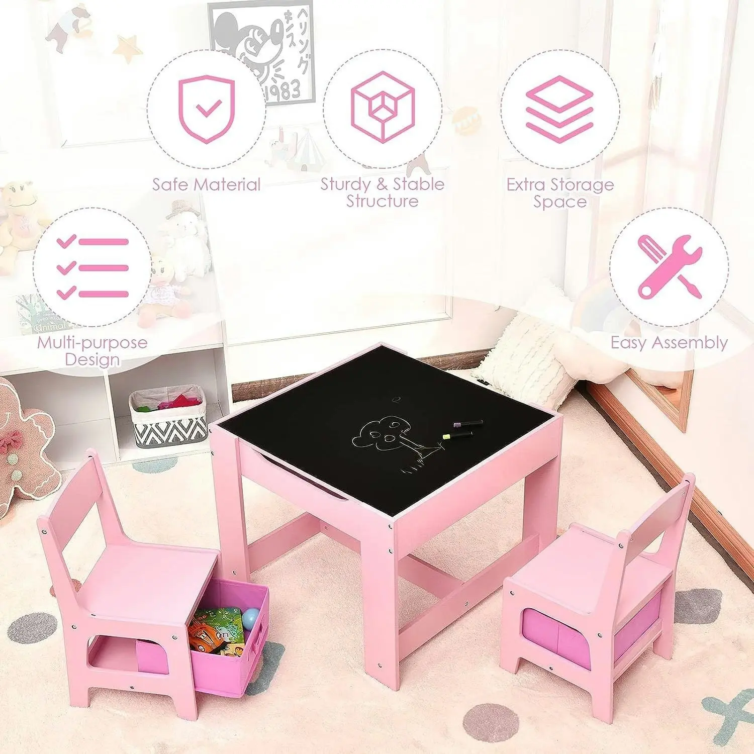 Ekkio 3PCS Kids Table with Lego Baseplate and Chairs Set Pink EK-KTCS-105-RHH