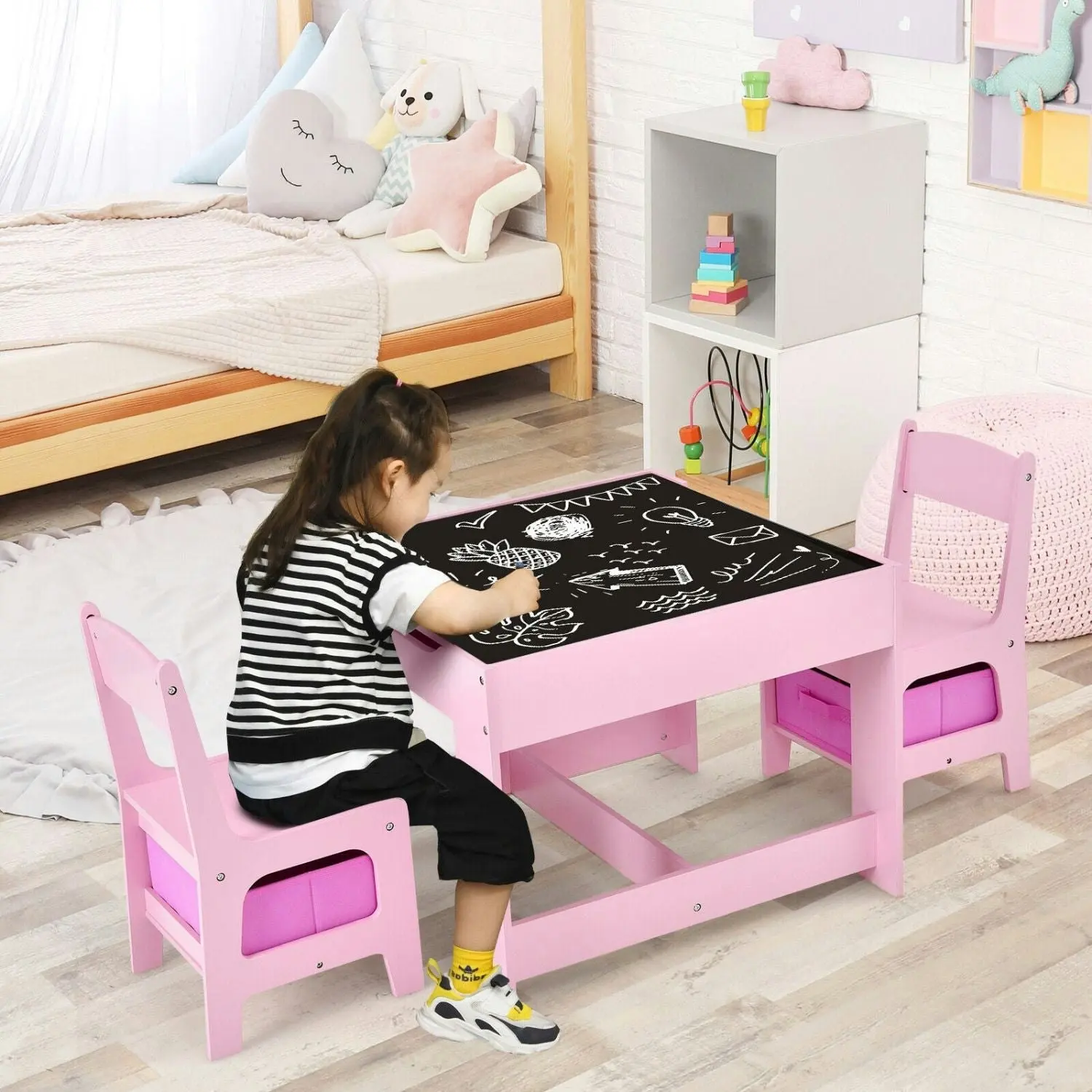 Ekkio 3PCS Kids Table with Lego Baseplate and Chairs Set Pink EK-KTCS-105-RHH