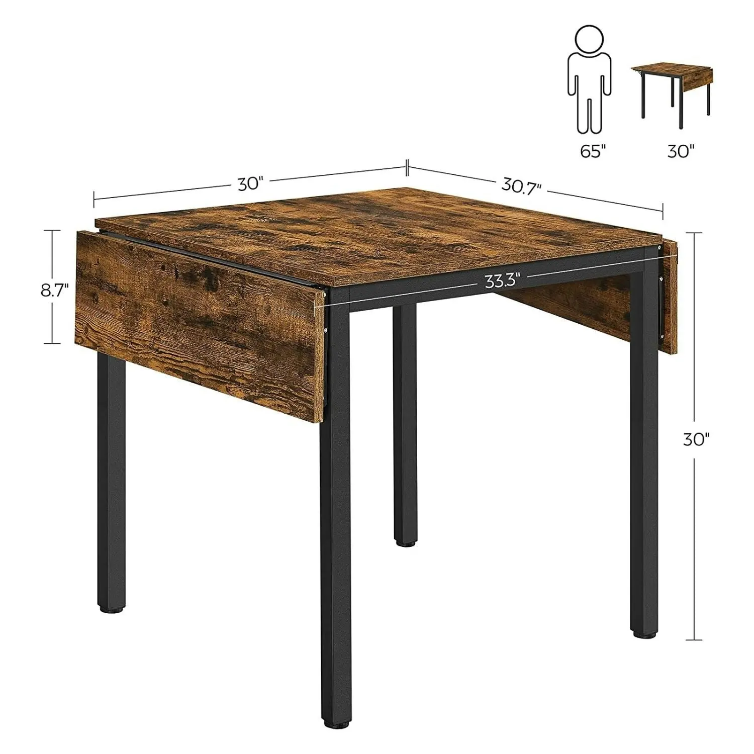 VASAGLE Drop Leaf Extendable Desk for Kitchen Restaurant Cafe Dining Table - Rustic Brown