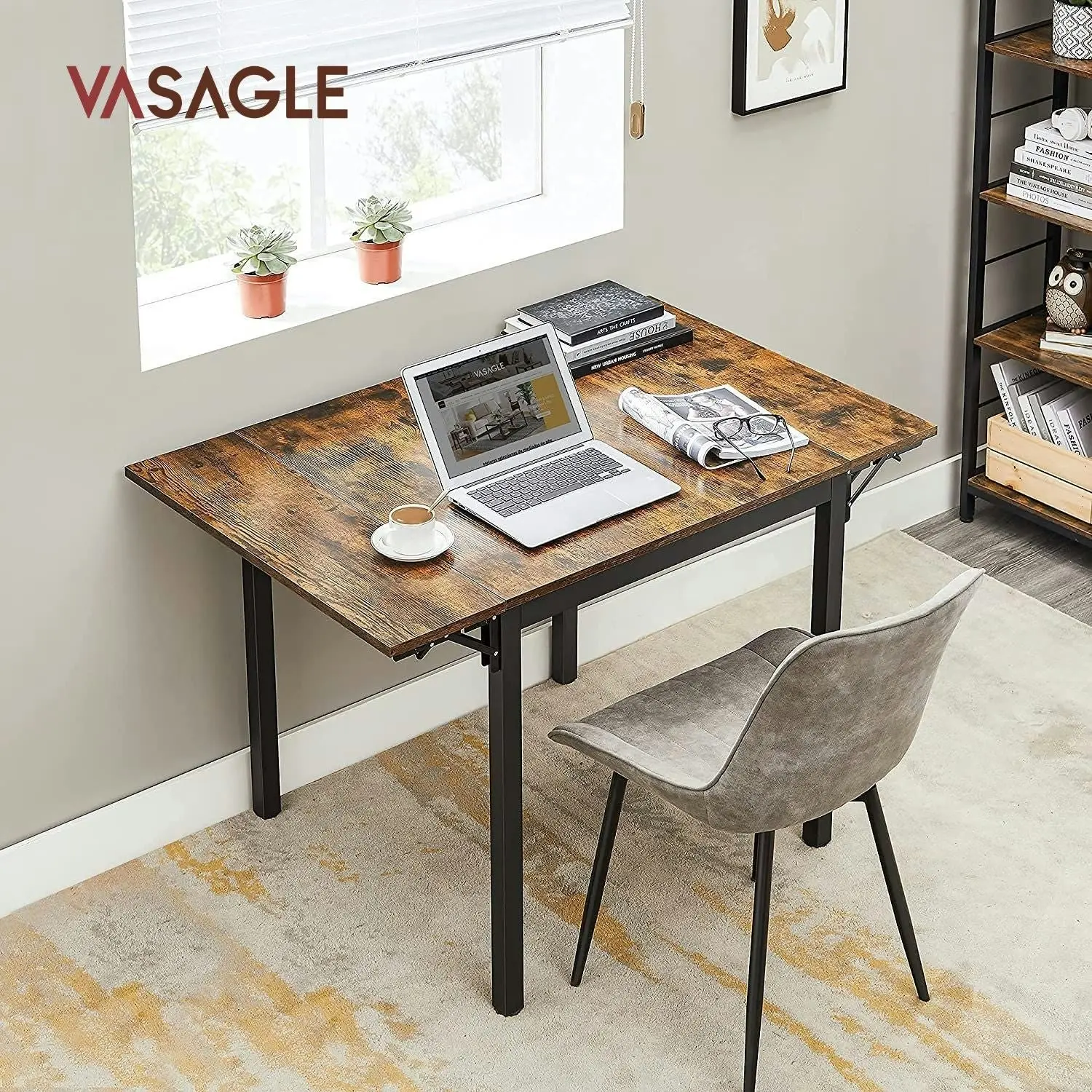 VASAGLE Drop Leaf Extendable Desk for Kitchen Restaurant Cafe Dining Table - Rustic Brown