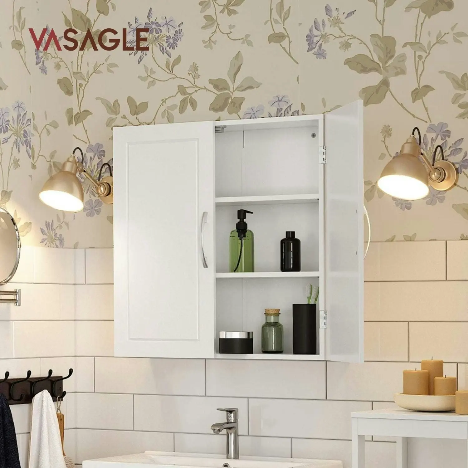 VASAGLE Wall Mounted Cupboard Storage Shelf Bathroom Cabinet - White