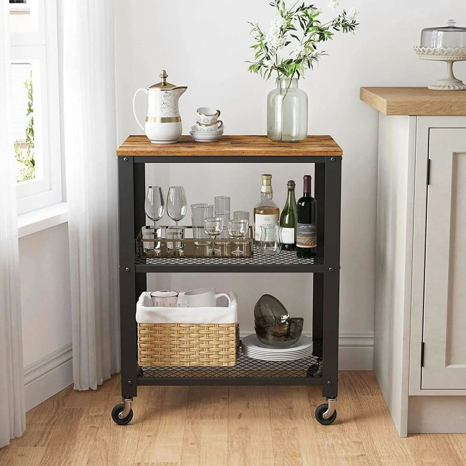 VASAGLE Kitchen Serving Utility Trolley Storage Cart - Rustic Brown