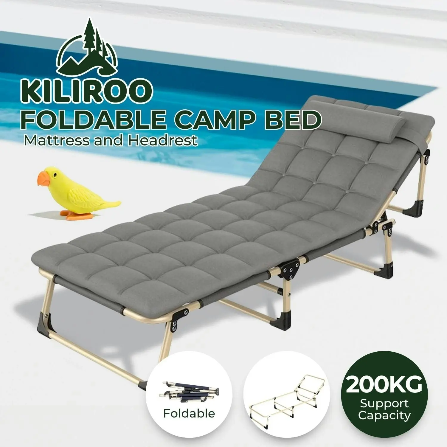 Kiliroo Portable Folding Camping Single Bed with Mattress and Headrest - Grey