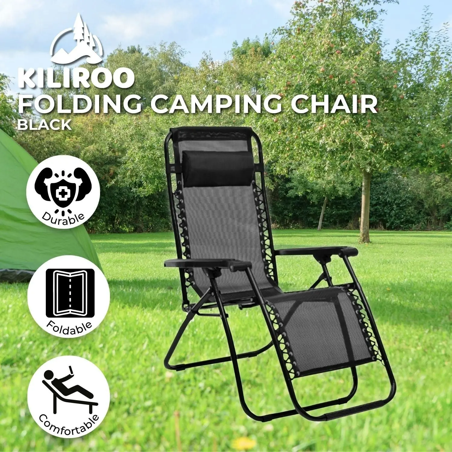 Kiliroo Outdoor Folding Reclining Camping Beach Chair with Breathable Mesh Black