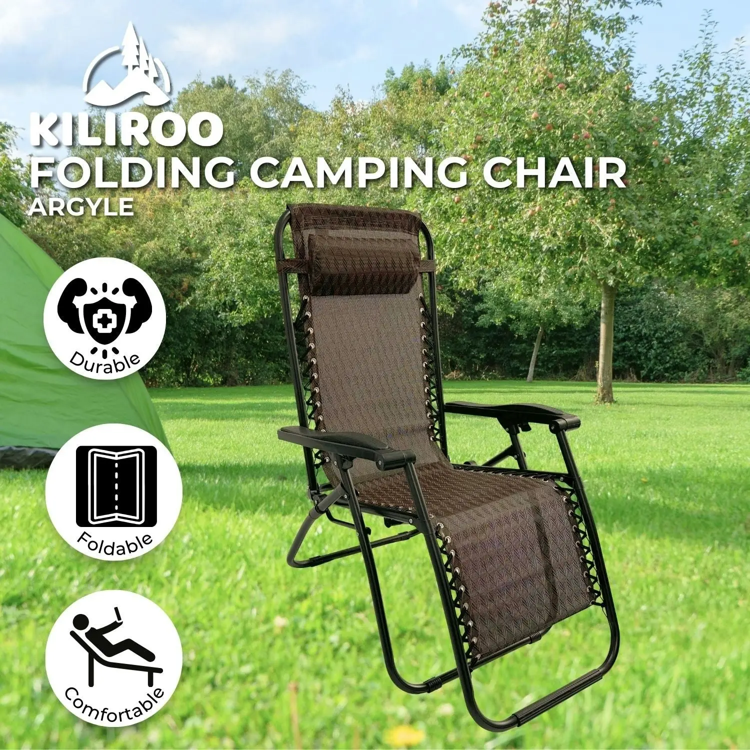 Kiliroo Outdoor Folding Reclining Camping Beach Chair with Breathable Mesh Argyle