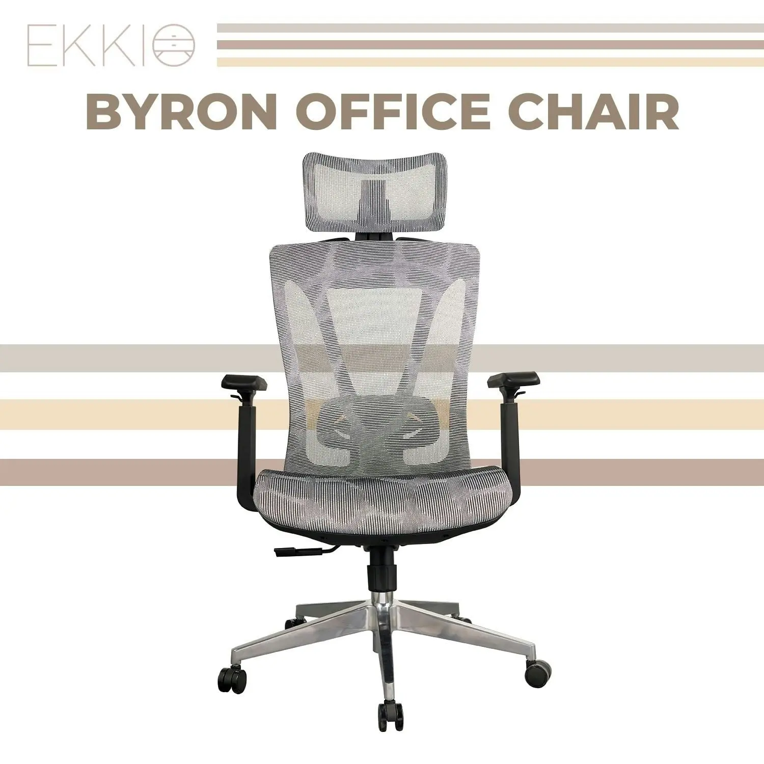 Ekkio Byron Ergonomic Office Chair w/ Wide Tall S-shaped Backrest Design - Silver