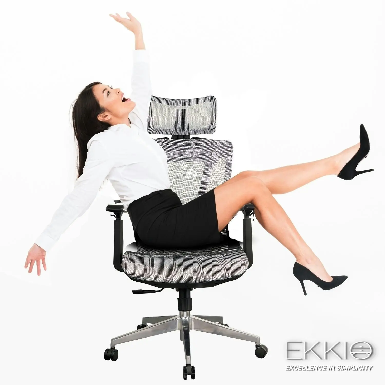 Ekkio Byron Ergonomic Office Chair w/ Wide Tall S-shaped Backrest Design - Silver