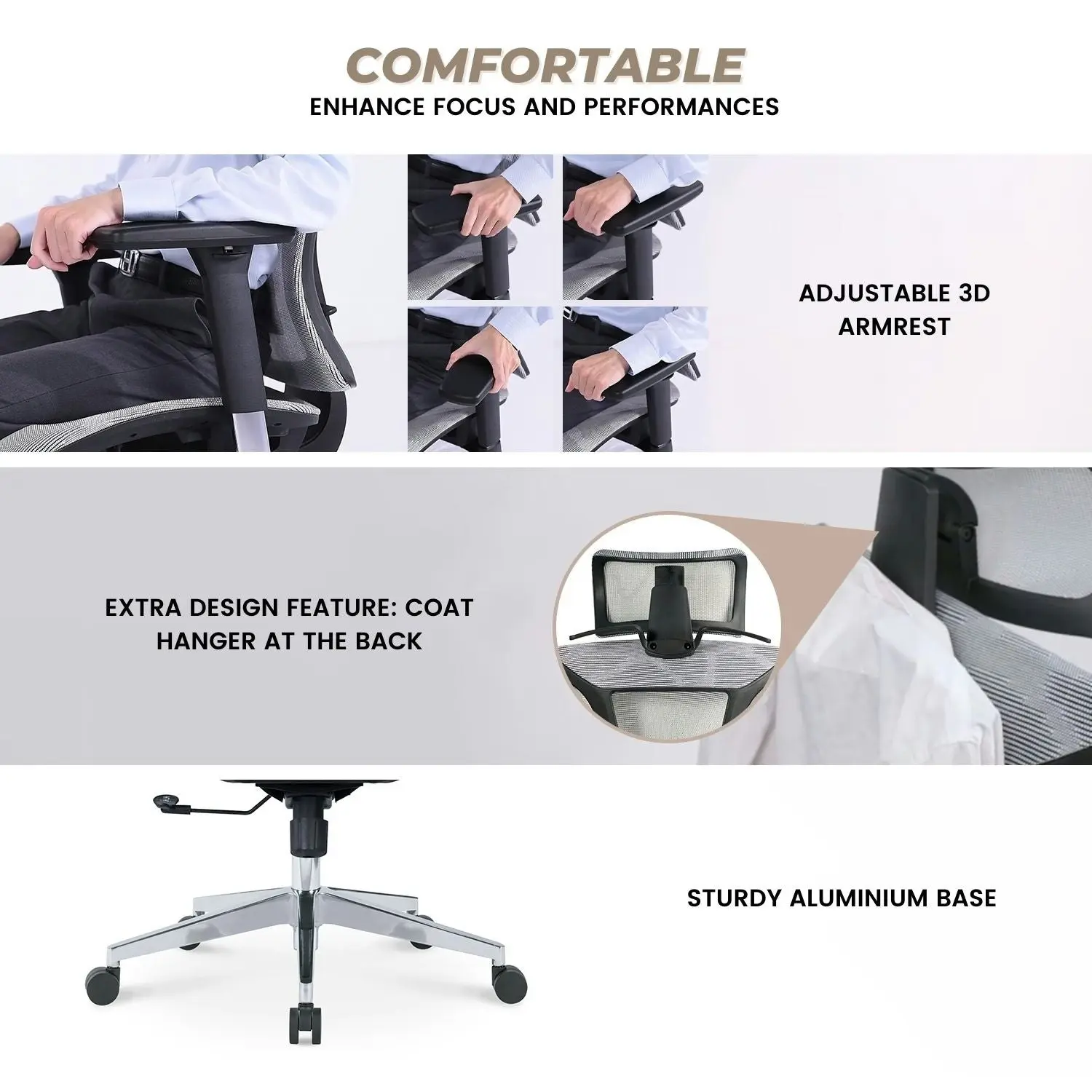 Ekkio Byron Ergonomic Office Chair w/ Wide Tall S-shaped Backrest Design - Silver