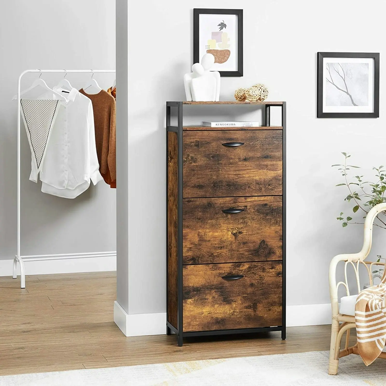 VASAGLE Shoe Cabinet 3 Tier with Shelf Rustic Brown and Black