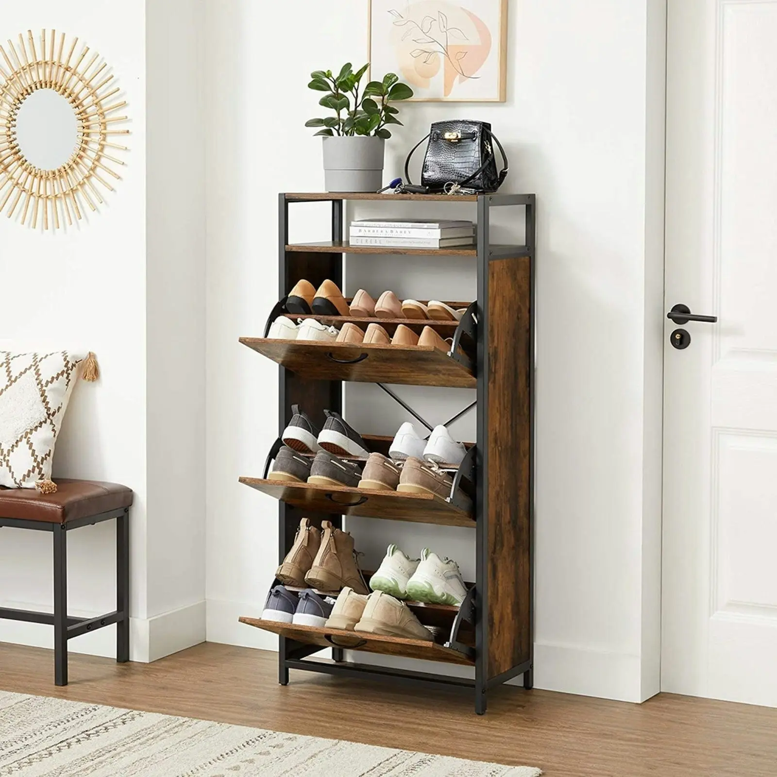 VASAGLE Shoe Cabinet 3 Tier with Shelf Rustic Brown and Black