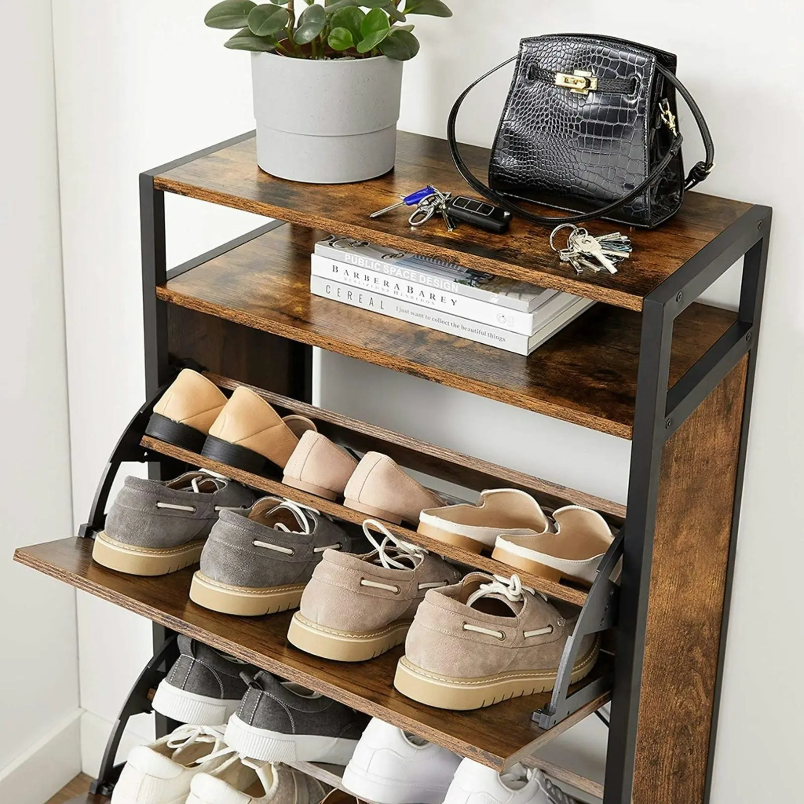 VASAGLE Shoe Cabinet 3 Tier with Shelf Rustic Brown and Black