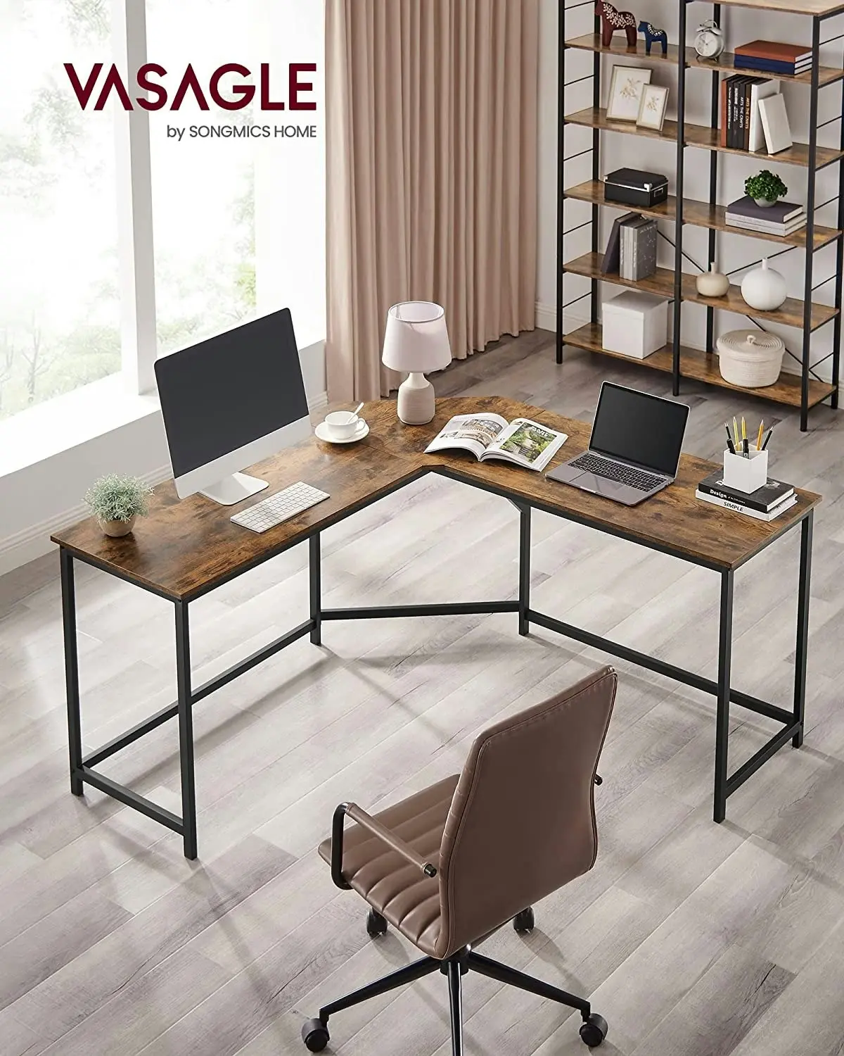 VASAGLE Computer Study Office Workstation Desk L Shaped Table - Rustic Brown