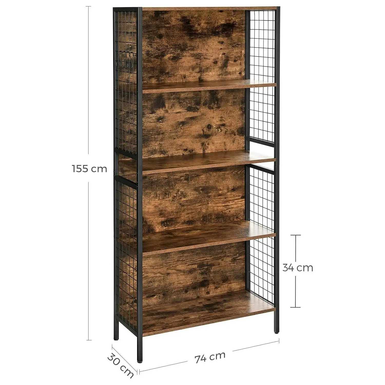 VASAGLE Max Load 20KG 4 Shelves 4 Hooks Bookshelves Metal Steel Frame Bookcase - Rustic Brown