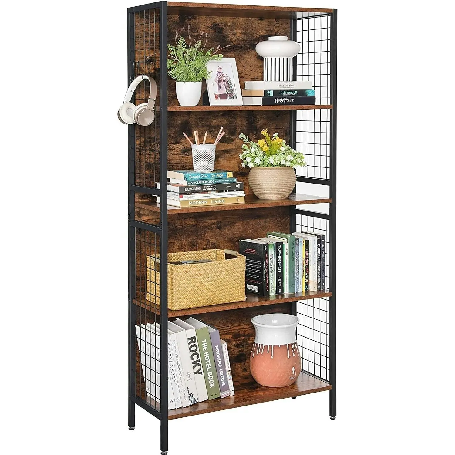 VASAGLE Max Load 20KG 4 Shelves 4 Hooks Bookshelves Metal Steel Frame Bookcase - Rustic Brown