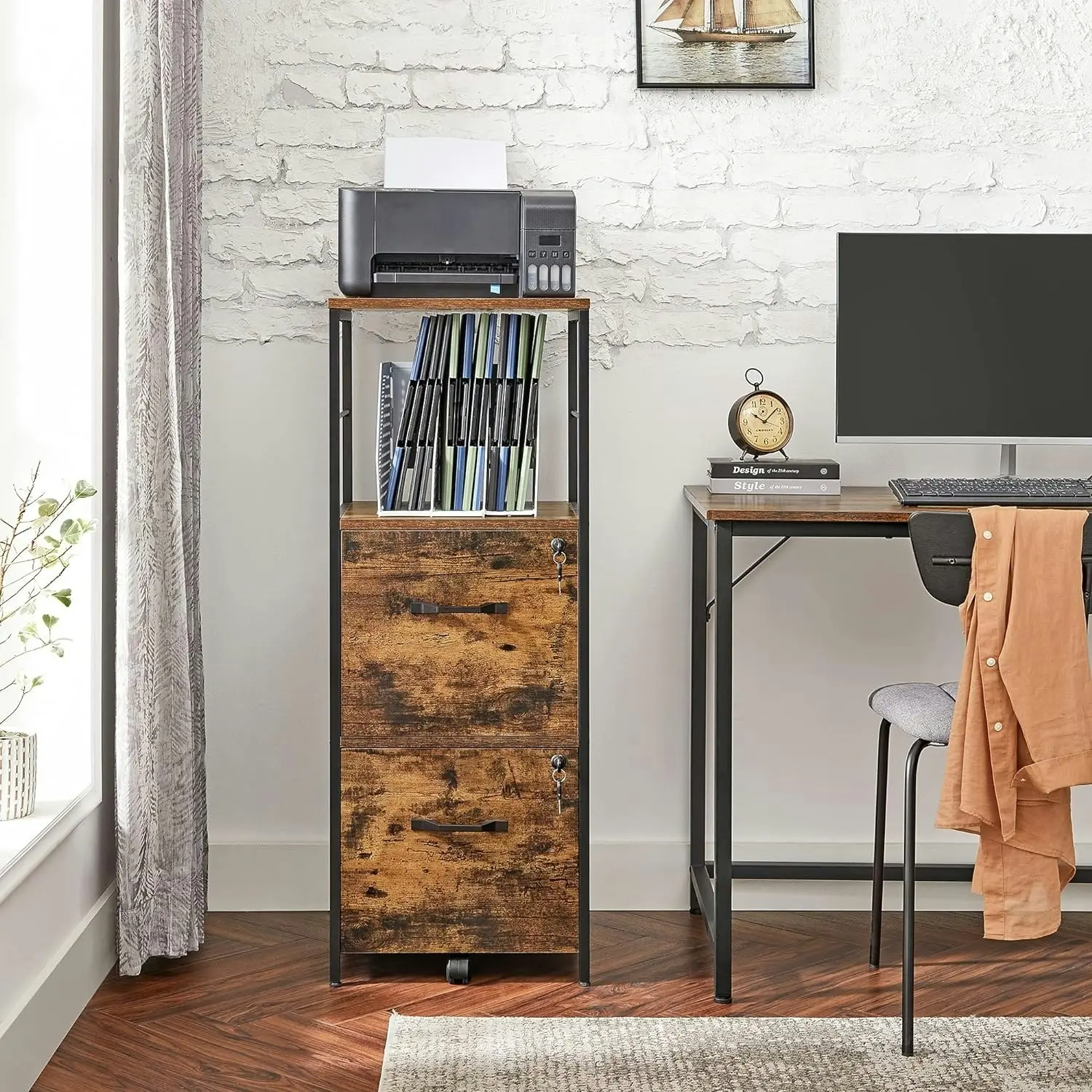 VASAGLE Office Storage Organiser with 2 Drawers Filing Cabinet - Rustic Brown