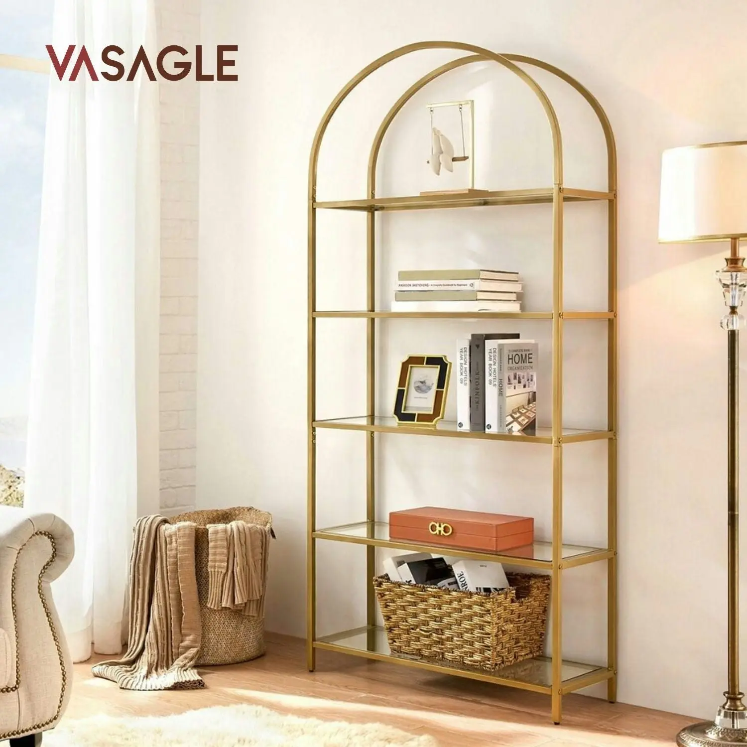 VASAGLE Tempered Glass Display Shelves Storage Bookcase Bookshelf 5 Tier - Gold