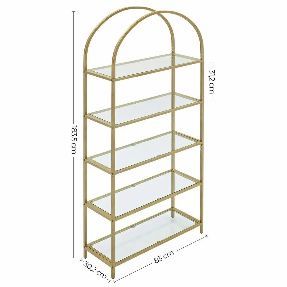 VASAGLE Tempered Glass Display Shelves Storage Bookcase Bookshelf 5 Tier - Gold