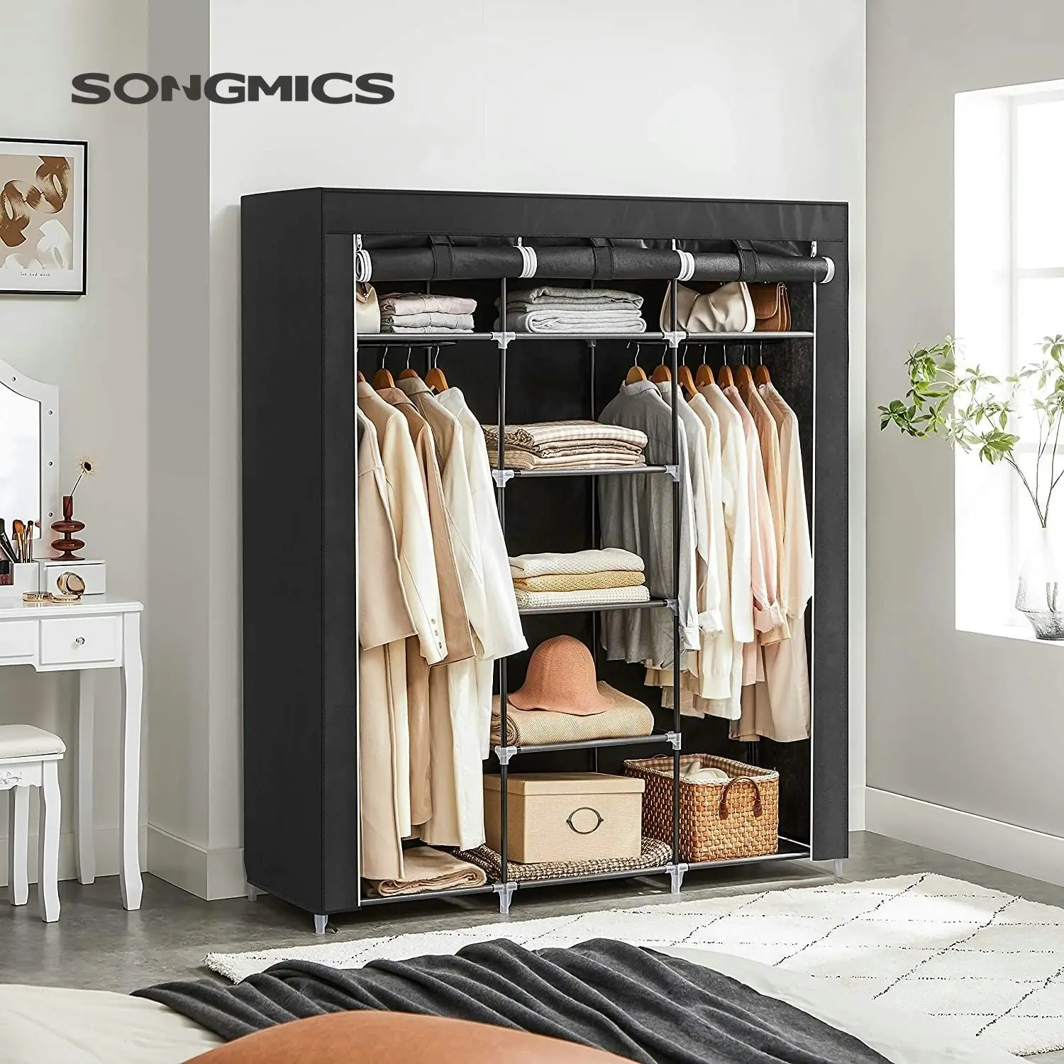 SONGMICS Portable Wardrobe Organizer with Hanging Rods - Foldable, Stable, Black