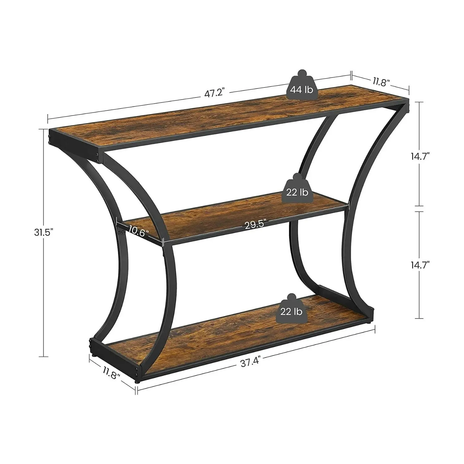 VASAGLE Entry Hall Display Shelf Storage with Curved Frame Console Table - Rustic Brown