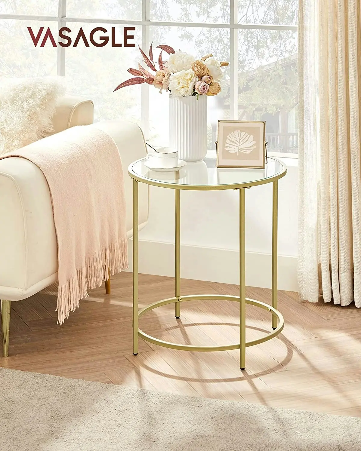 VASAGLE Tempered Glass Top Round Bedside Nightstand Side Coffee Table - Gold